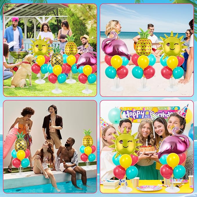 4 Sets Summer Tropical Party Balloons Stand Kit with Pineapple Flamingo Foil Balloons Hawaiian Party Balloon Centerpiece for Tables for Summer Beach Hawaiian Birthday Decorations