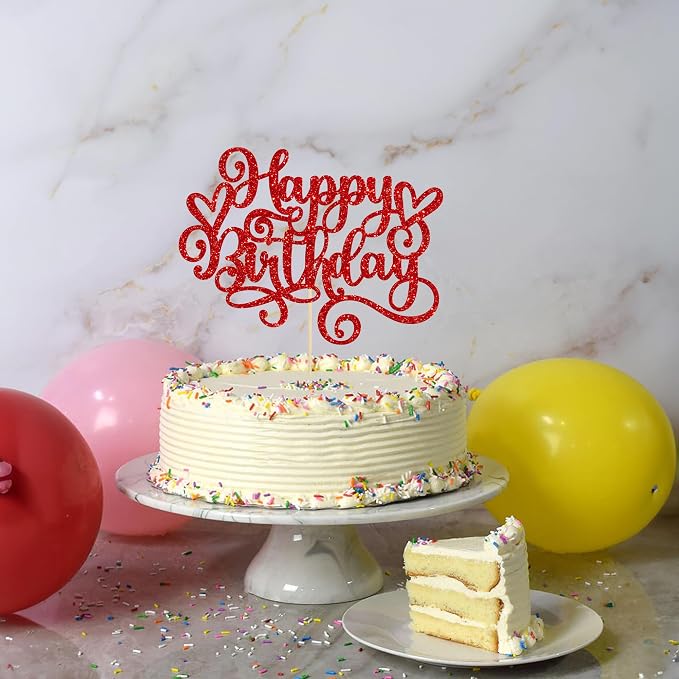 Gyufise Happy Birthday Cake Topper Glitter Cake Pick for Celebrating Anniversary Party Cake Decorations Supplies - Red (1Pcs)