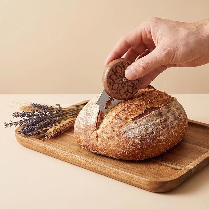 Bread Lame for Sourdough, Round Wooden Dough Scoring Tool | Professional Bread Scorer Slashing Knife with 5 Stainless Steel Razor Blades for Artisan Breads and Baguette Makers