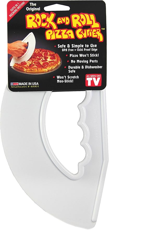 Rock'n Roll Pizza Cutter, Plastic, Non-Stick, Rocking, 9 inch, Easy to Clean, Dishwasher Safe, Handheld Pizza Slicer, Easier Slicing Tool, Baking Tools, Pastry Bread Cutting Knife, Made in USA, White