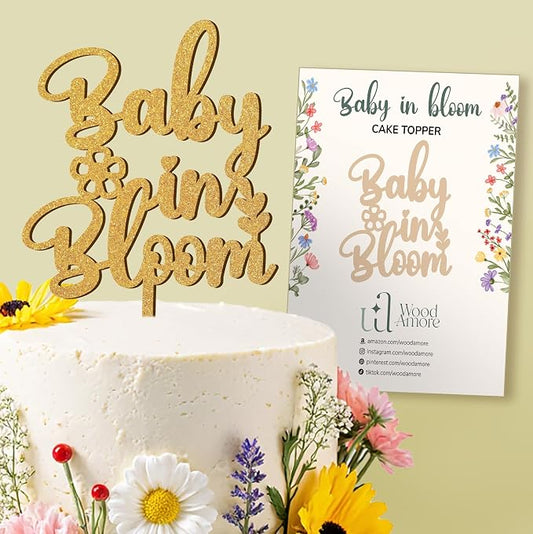 Woodamore Baby In Bloom Cake Topper - Wood Baby Shower Cake Topper For Girl Birth Announcement, Pregnancy Reveal, Baby Shower Cake Decorations