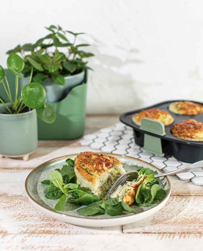 Lékué Air Fryer Muffin Mold - Make 4 Muffins in under 30 mins - 100% Platinum Silicone Baking Pan for Air Frying, Fits in Draw Tray, Pull-up Handles for Easy Removal, Non-Stick, Easy De-Molding