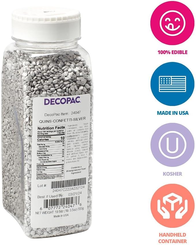 DECOPAC Confetti Silver Quins Sprinkles, 1.21 lb