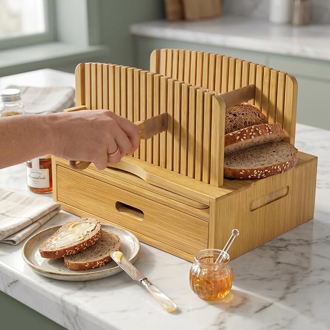 Bamboo Bread Slicer for Homemade Bread, Adjustable Cutter Guide with Crumb Tray, Storage Drawer and Serving Board, Compact Slicing Tool for Even Sourdough and Sandwich Loaf Cuts