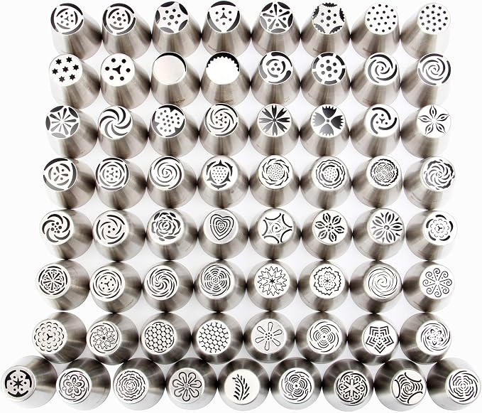 65 Pieces Stainless Steel Large Russian Piping Tips Kit,1 Cleaning Brush,2 Plastic Coupler,2 Leaf Icing Tip,10 Pastry Bags,Cupcake Dessert Baking Tools for Cake Decorations