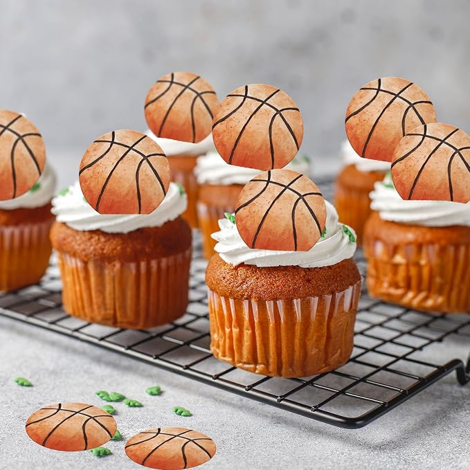 48PCS Edible Basketball Cupcake Toppers Edible Basketball Cake Decorations Sport Ball Theme Cupcake Picks for Sports Ball Theme Baby Shower Birthday Party Cake Decorations Supplies