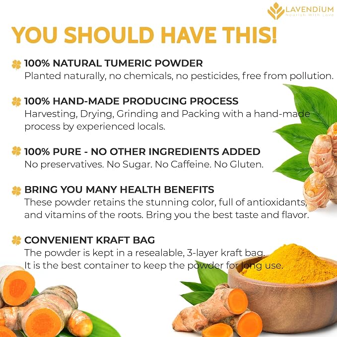 Lavendium, Premium 20oz Turmeric Powder, 100% Natural & Pure Ground Turmeric Root, No Additives or Preservatives, Non-GMO, Plant-Based & Vegan, Perfect for Golden Milk, Curry, Soups & Smoothies