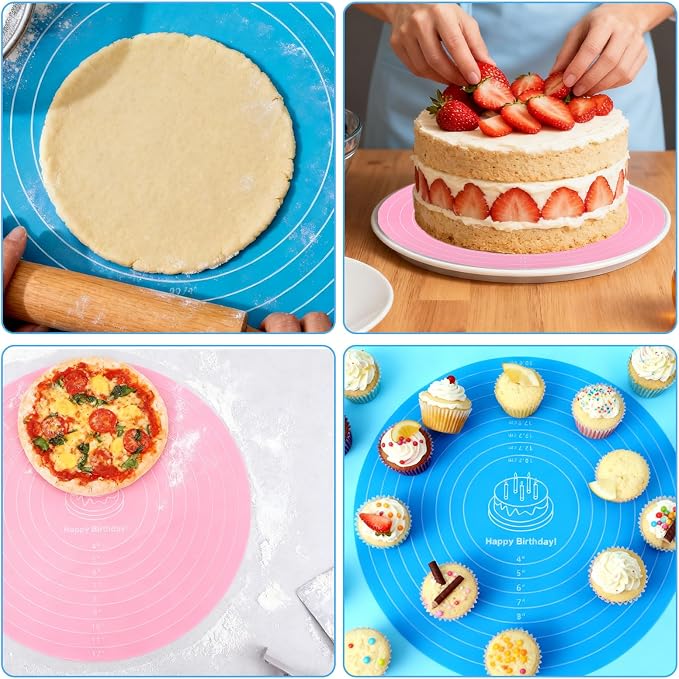 4 Pcs Silicone Baking Mat, 12 Inch Round Silicone Cake Mat, Non-Stick Heat Resistant Reusable Cookie Mat with Measurements for Baking Pizza Pan Rolling Dough Pastry