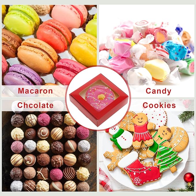 Zonon 60 Pcs Kraft Paper Boxes with Window 4.13 x 4.13 x 1.18 Inch Candy Packaging, Small Gift Boxes, Soap holder, Mini Treat Packaging for Bakery Chocolate Jewelry Display (Burgundy)