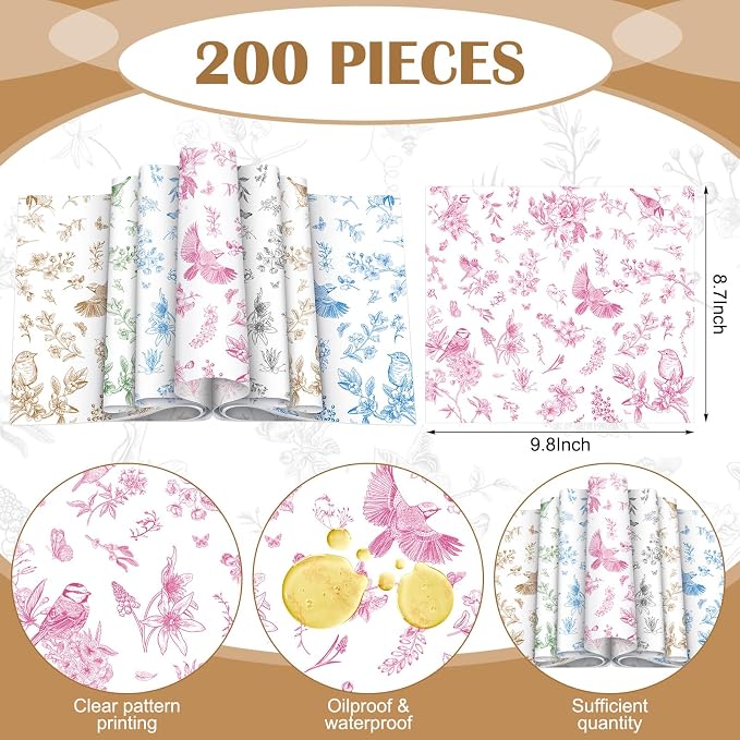 Feifeiya 200 Pcs Floral Wax Paper Sheet for Food Chinoiserie Bird Deli Paper Waterproof Sandwich Wrapping Greaseproof Food Basket Liners for Picnic Party Kitchen Supply, 9.8 x 8.7inch (Floral,Mixing)