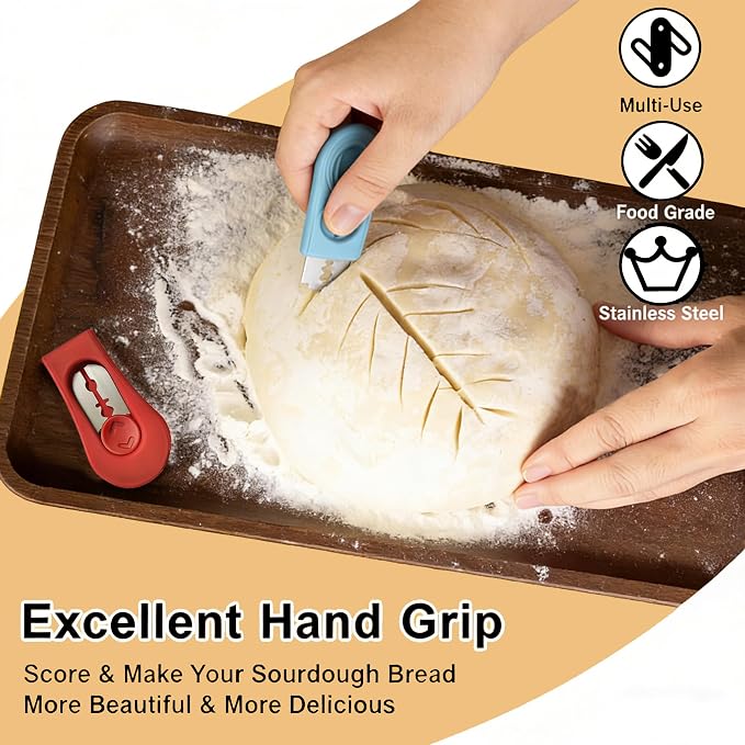 2pcs Magnetic Bread & Sourdough Lame Tool Set, Scoring Tool for Sourdough Bread, 10pcs Stainless Steel Blades, 2-in-1 Magnet Box Cutter, Multi-Use for Baking Office Picnics Kitchen Home (Red&Blue)