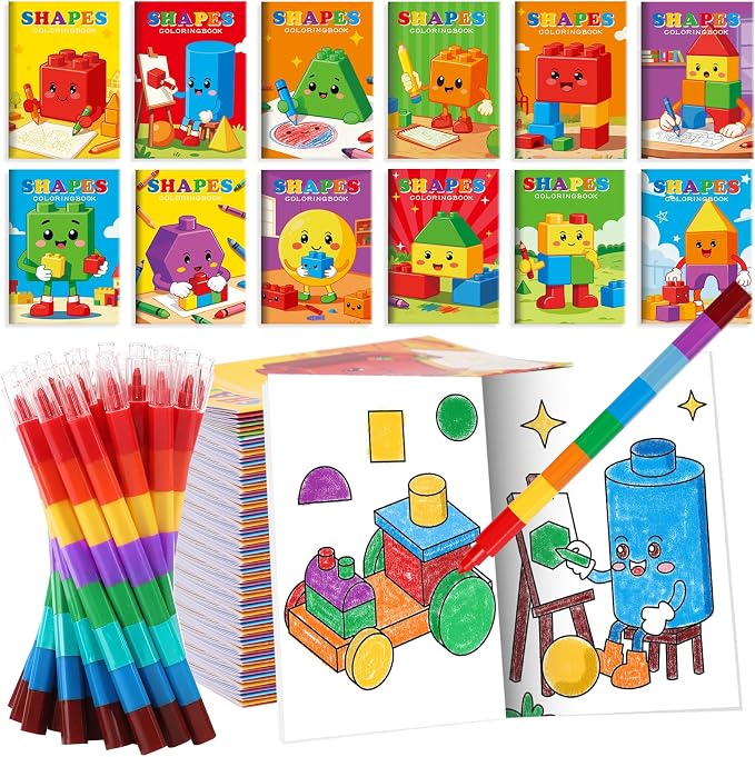 BenLouis 12 Building Block Mini Coloring Books Kids with 12 Stacking Crayons Geometric Shapes Party Favors Small Activity Books Bulk for Kids Building Party Gift Goodie Bag Stuffers