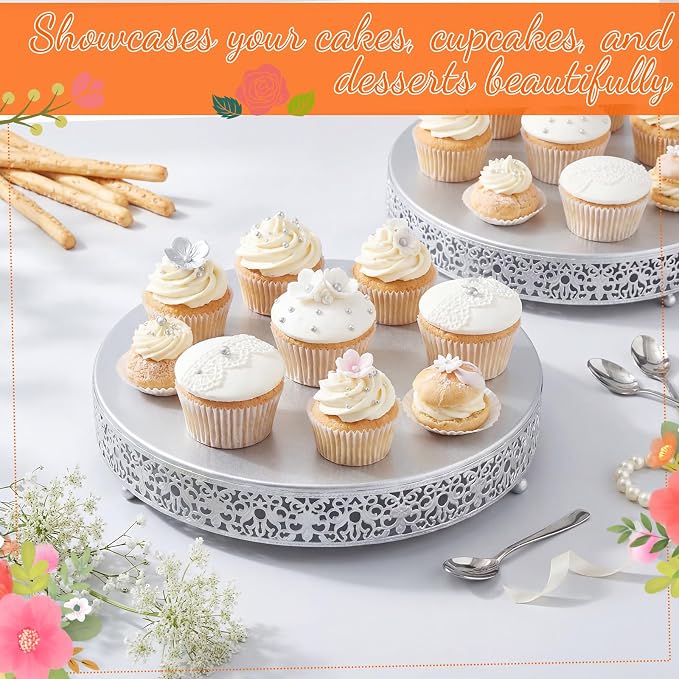 Wenqik 2 Pack Cake Stand Set, 14/16 Inch Metal Round Cupcake Dessert Stand Decorative Elegant Cake Display for Weddings Party Birthday Baby Showers Anniversary(Floral Lace,Silver)