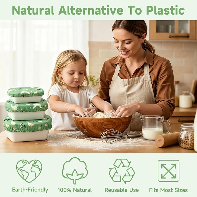 Reusable Bowl Covers, Elastic Cotton Cloth Sourdough Bread Cover, Reusable Bowl Caps for Bread Proofing Baskets and Large Mixing Containers, 3 Pack, Chicken