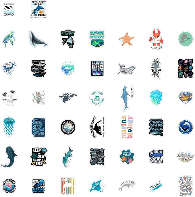 BulbaCraft Marine Biology Stickers for Water Bottle and Laptop - Marine Biology Party Supplies & Decorations, Waterproof Vinyl Decals, Ocean Stickers, Gifts for Women & Men