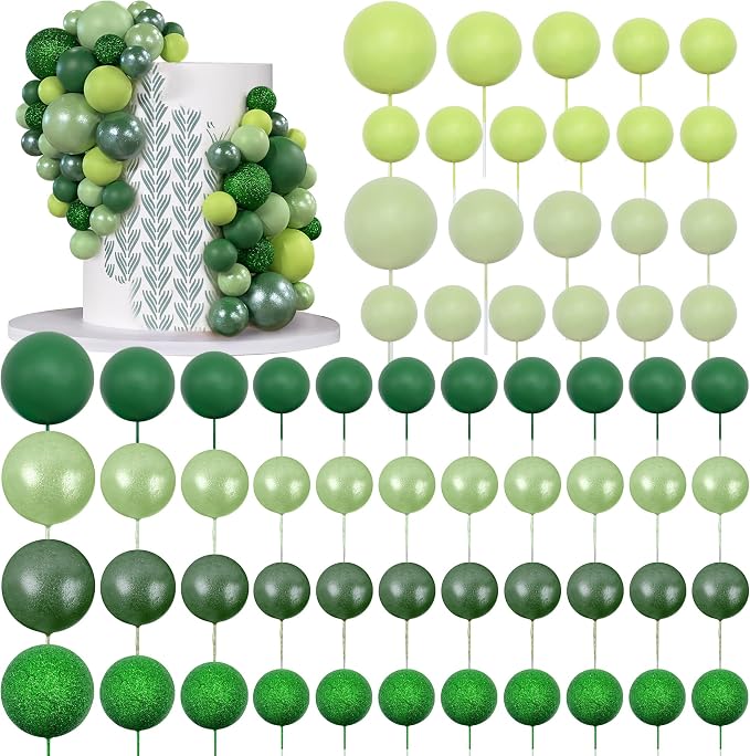 66 PCS Colorful Ball Cake Picks for Cake Decoration Green Series with 6 Vibrant Colors Pearl Ball Shaped Cupcake Toppers for Birthday Party and Wedding Supplies