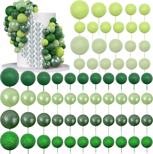 66 PCS Colorful Ball Cake Picks for Cake Decoration Green Series with 6 Vibrant Colors Pearl Ball Shaped Cupcake Toppers for Birthday Party and Wedding Supplies