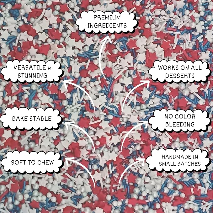 Confect Cake Mate Edible Sprinkles – Red, White, Navy blue & Silver Star, Pearl Dragees – Vegan Cake and Cupcake Decorating Toppings for Cookies & Ice Cream | Vegan, Gluten-Free, Soy-Free, Dairy-Free, Palm Oil-Free- 4.2 Oz