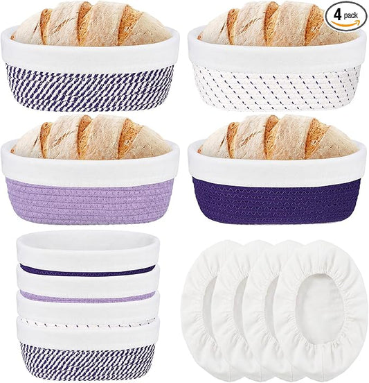 4 Pcs 10 Inch Cotton Rope Banneton Bread Proofing Basket Set Oval Banneton Basket Sourdough Bread with Liners Covers for Baking Supplies (Purple Tones)