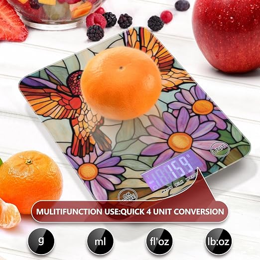 Brown Hummingbirds Purple Daisy Stained Glass Food Scale Kitchen Digital Scale Food Ounces and Grams Dieting Baking Cooking Waterproof Glass Panels LCD Display,4 Units Tare Function