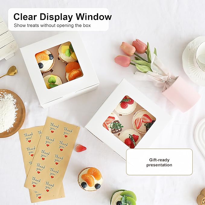 Cupcake Boxes 4 Count with Window, Bakery Boxes, Muffin Containers, Food Grade, Easy Assembly for Candies, Mini Cakes and Baked Goods - 6.3x6.3x3, 30 Pack