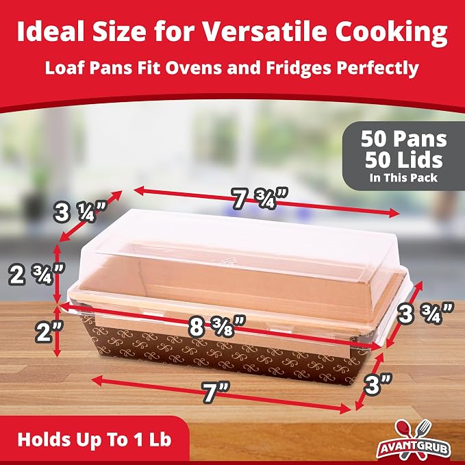 Chef-Grade 1Lb Paper Loaf Pans w/Lids 50Pk. Elegant Disposable, Bakeable Kraft Pan Supplies for Baking Bread, Small Meatloaf, Bundt Cake Sweets for Holiday Gifts, Bake Sales or Fundraiser.