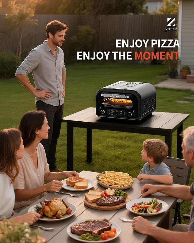 Countertop Electric Pizza Oven, 850°F, 6 Presets with DIY, Stainless | 90-Second 12 Inch Pizza, PID Top & Bottom Temp Control, Dual Knobs for Time & Temp, Always-On Light for Home Pizza Nights