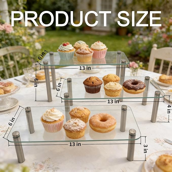6 Pack Tempered Glass Display Stands Set, 13 Inch Rectangular Cake Cupcake Stand Dessert Display Riser Serving Platter Plate for Decoration Table Party Wedding Baby Shower