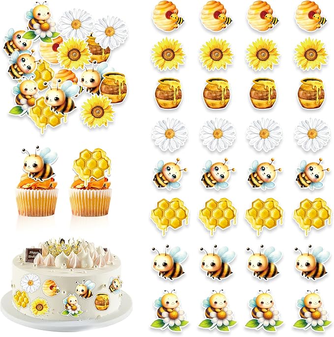 48 PCS Edible Bumble Bee Cupcake Toppers Wafer Paper Oh Babee Cake Decorations for Bee Theme Baby Shower Kids Boys Girls Birthday Cake Party Decoration