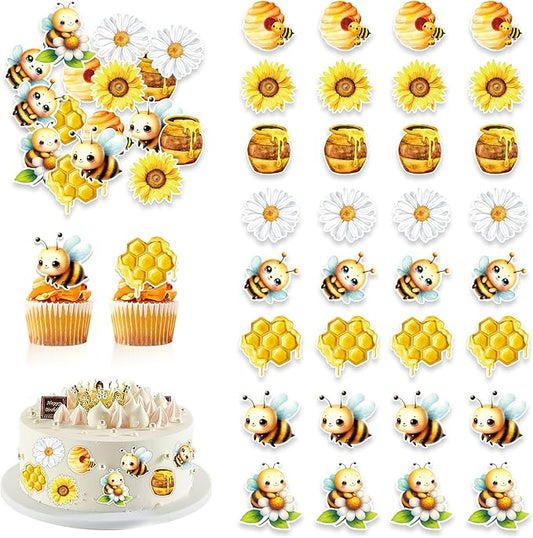 48 PCS Edible Bumble Bee Cupcake Toppers Wafer Paper Oh Babee Cake Decorations for Bee Theme Baby Shower Kids Boys Girls Birthday Cake Party Decoration