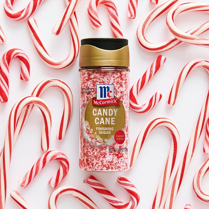 McCormick Finishing Sugar, Candy Cane, Limited Edition, Sweet Peppermint, Iconic Holiday Flavor, For Hot Chocolate, Chocolate Fudge, Bark, Cocktails, and More, 3.81 oz (Pack of 2)