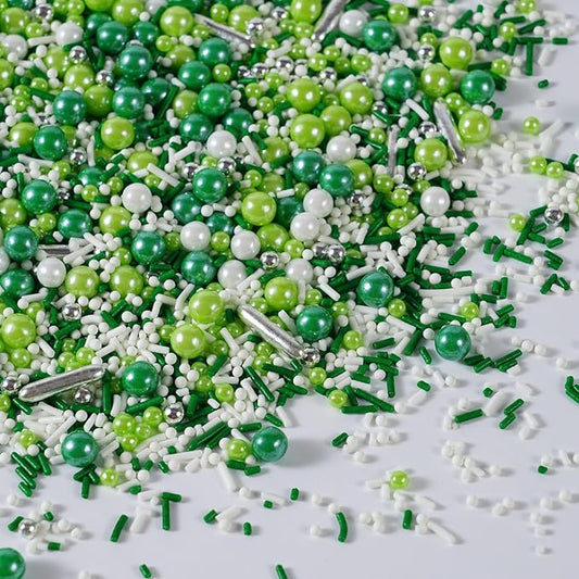 St. Patrick’s Day Sprinkles - 7oz Green and White Silver Pearls Nonpareils Jimmies Metallic Sprinkles for Cake Decorating, Cookie, Cupcake Topper, Spring St Patty's Day Baking Supplies