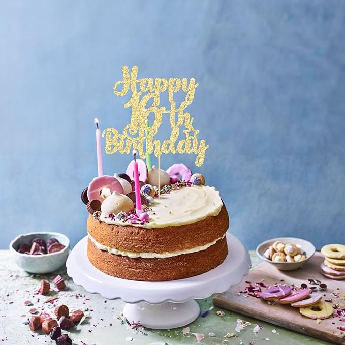 Gyufise 1Pc Happy 16th Birthday Cake Topper Gold Glitter 16 & Fabulous Sweet 16 Birthday Cake Pick for Celebrating 16th Birthday Anniversary Party Cake Decorations Supplies