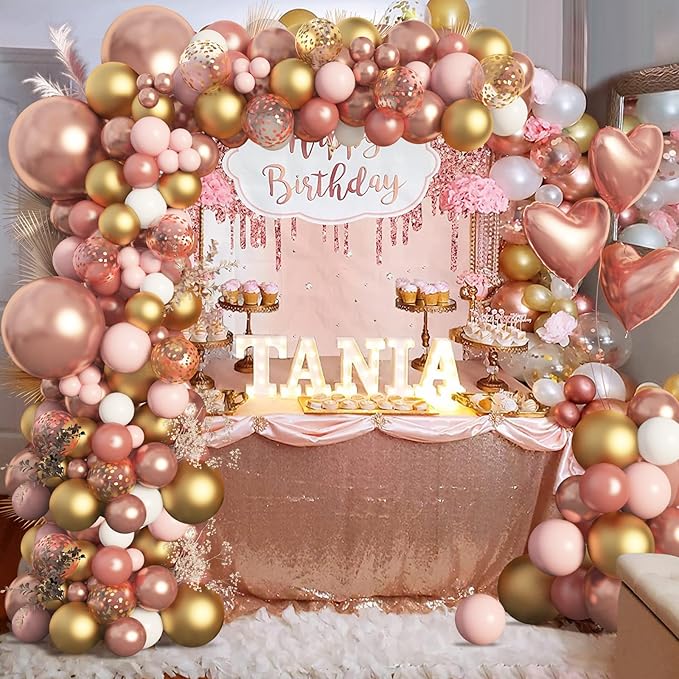 Amandir Rose Gold Balloons Garland Arch Kit, 150pcs Rose Gold Pink White Gold Confetti Latex Balloons for Valentines Day Bridal Wedding Birthday Baby Shower Graduation Bachelorette Party Decorations