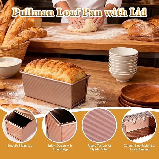 3 Pcs Pullman Loaf Pan with Lid, 2.2lb/1lb/0.5lb Dough Capacity, Non-Stick Carbon Steel Bread Pans for Homemade Bread Sandwich and Toast, Sourdough Loaf Pan with Lid, Corrugated Toast Mold (Golden）