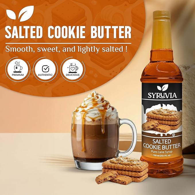 Syruvia Coffee Syrup, Salted Cookie Butter Flavored Syrup for Drinks, Lattes, and Desserts – 25.4 fl oz - with Pump