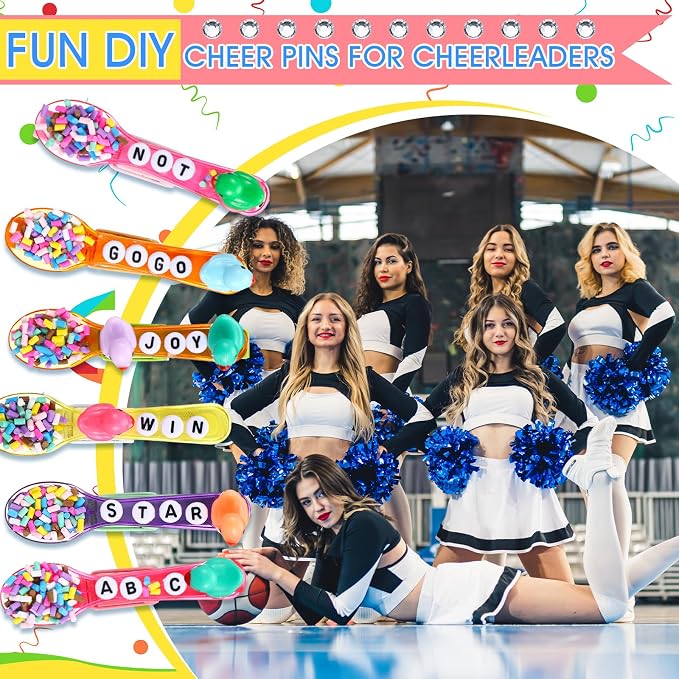 Geelin Cheer Pins Kit with 80 Pcs Spirit Clips, 800 Letter Beads, 30 Ducks, 80 Spoons, Glue, Decoration for Cheerleaders, Volleyball Team Gifts Bulk Stuff DIY Charms Macaron Colors