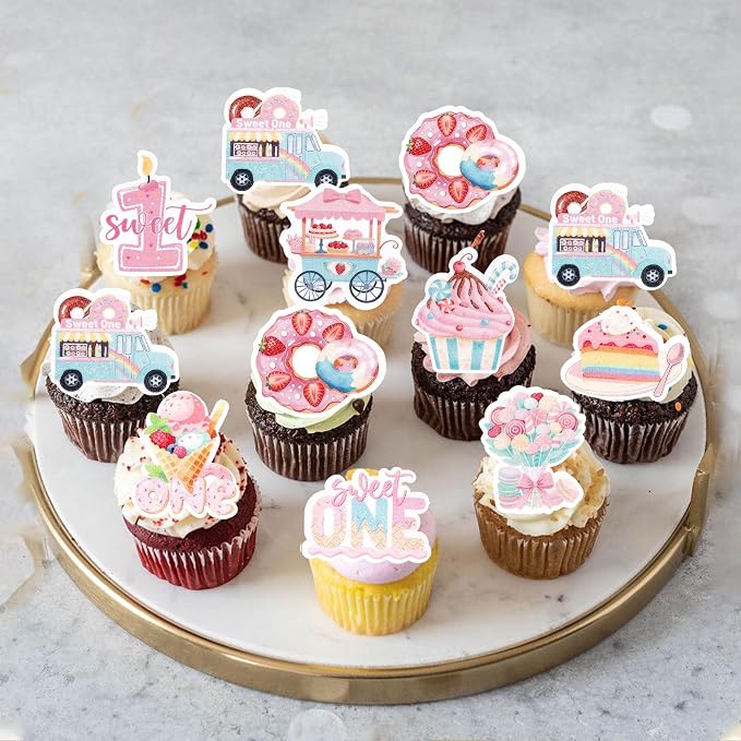 63 PCS Sweet One Cupcake Toppers Donut Flowers ice Cream Dessert Cart Cupcake Picks Donut 1st Birthday Party Decorations for Baby Shower Girls Birthday Party Cake Decorations Supplies