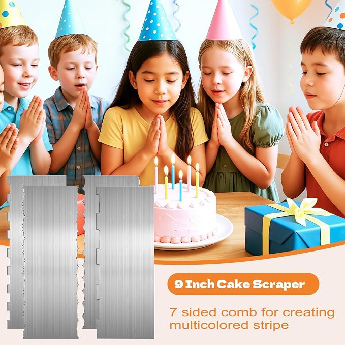4 Pcs Stainless Steel Cake Scraper, 9 inch Cake Scraper Smoother, Double Sided Patterned Edge Stripe Edge Smoother Decorating for Mousse Butter Cream Dessert Decoration, 4 Styles