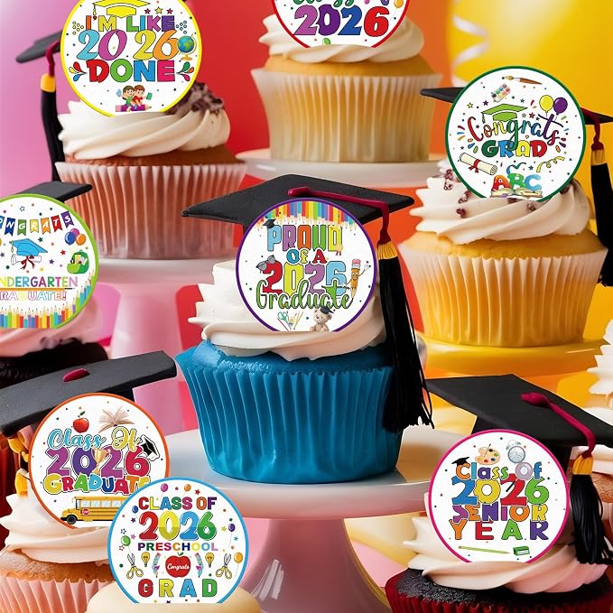 48pcs Edible 2026 Kindergarten Graduation Cupcake Toppers Wafer Paper Preschool Cake Decorations Edible Class of 2026 Cupcake Picks for 2026 Kindergarten Grad Theme Party Cake Decor Supplies