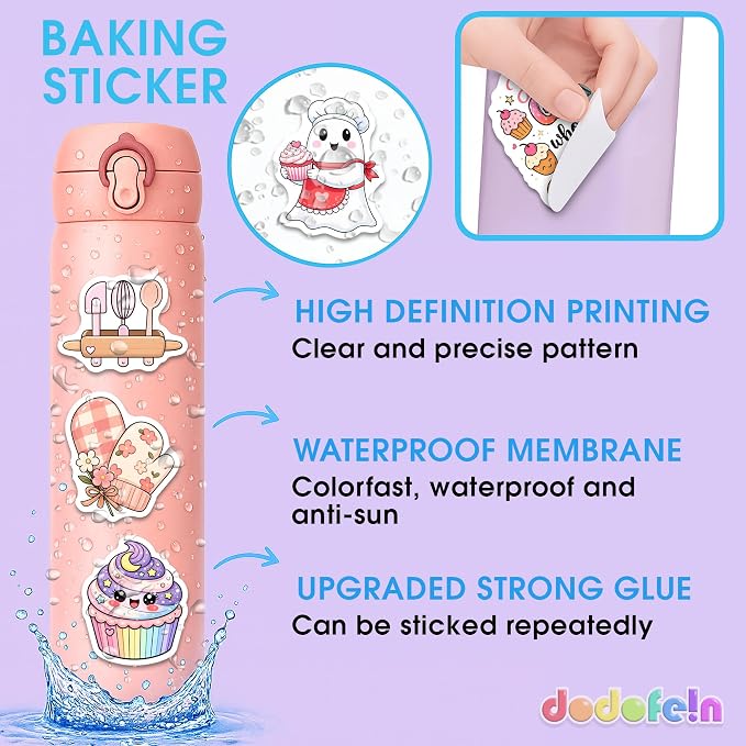 Baking Stickers – Waterproof Vinyl Bakery Decals for Water Bottles, Laptops, Journaling – Non-Repeating Decals, High-Definition Print Gift for Womens (50PCS)