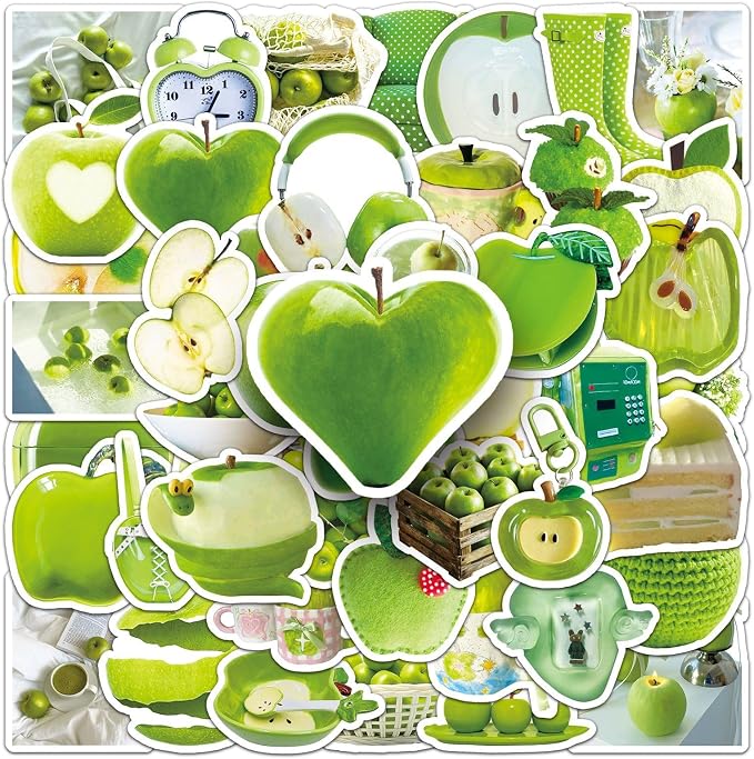 50 Pcs Green Apple Stickers - Ins Style Kawaii Cute Vinyl Decals for Journal, Laptop, Phone Case, Scrapbooking - Waterproof Trendy Sticker Pack (Green Apple)