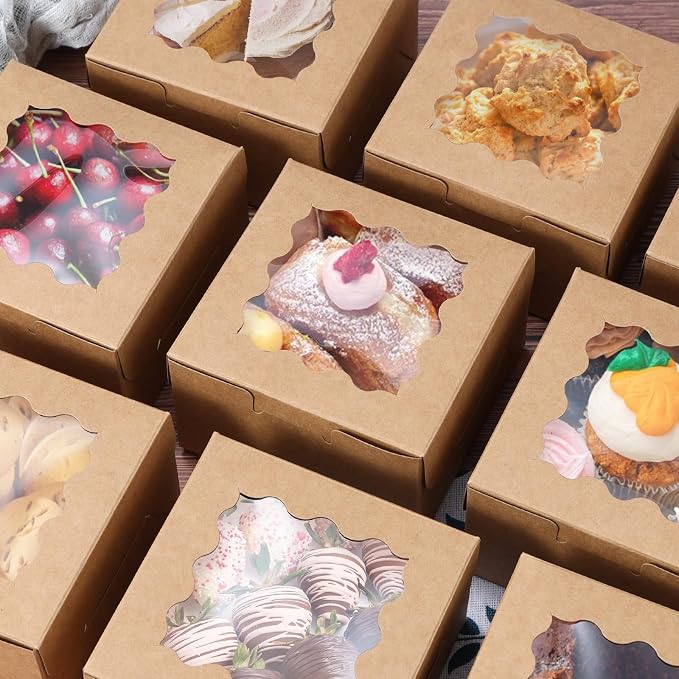 Brown 50pcs Cookie Boxes for Gift Giving, 4x4x2.5 Inches Small Bakery Boxes with Window, Kraft Paper Treat Boxes, Pastry Boxes for Dessert, Macarons, Cupcake, Donuts,Valentine, Wedding & Home Use