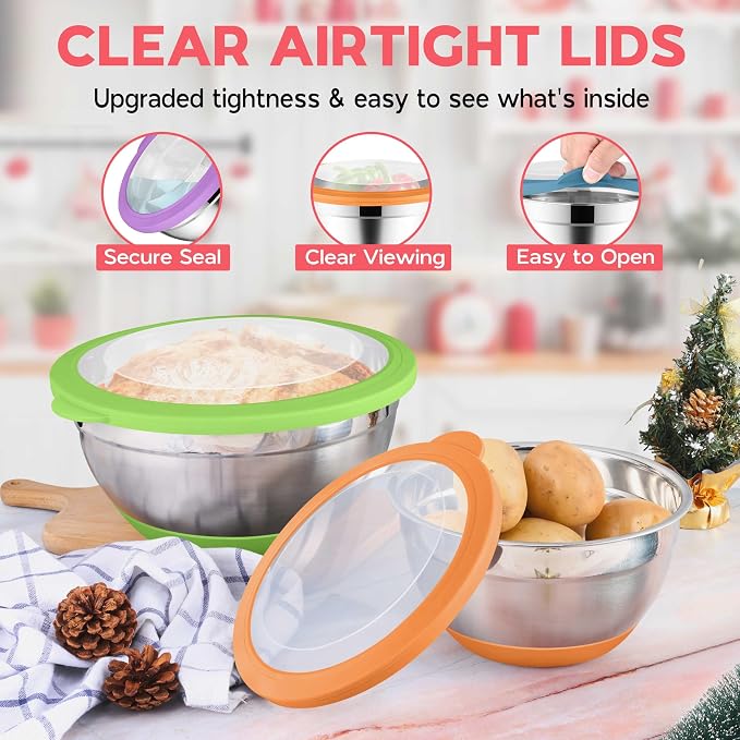 Onader Colorful Mixing Bowl Set of 6 for Kitchen, Large Stainless Steel Metal Nesting Mixing Bowls with Airtight Lids, Non Slip - Size 0.7, 1, 1.5, 2, 2.6, 4.6QT
