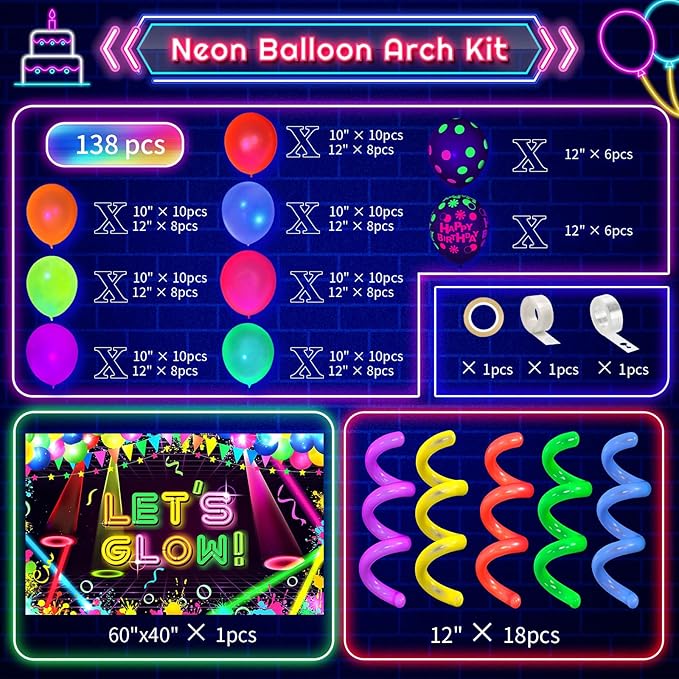 160 Pcs Neon Balloons Arch Garland Kit, Glow in the Dark Birthday Party Decorations, UV Balloons Party Banner Glow Party Supplies Neon Birthday Party Decor