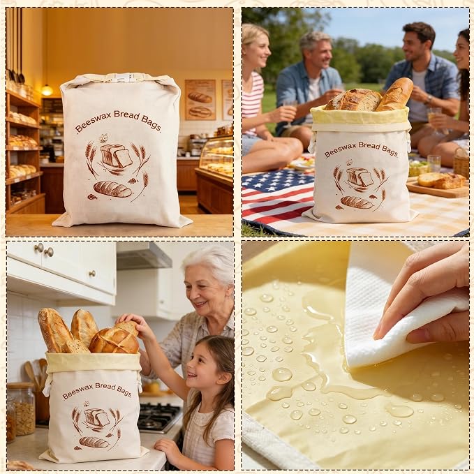 Reusable Beeswax Bread Bags 2 Pack by WSDKNS, for Sourdough & Homemade Bread, Large 17x13 Inch Linen Bag with Beeswax Lining to Keep Food Fresh | Freezer-Friendly & Stylish Design