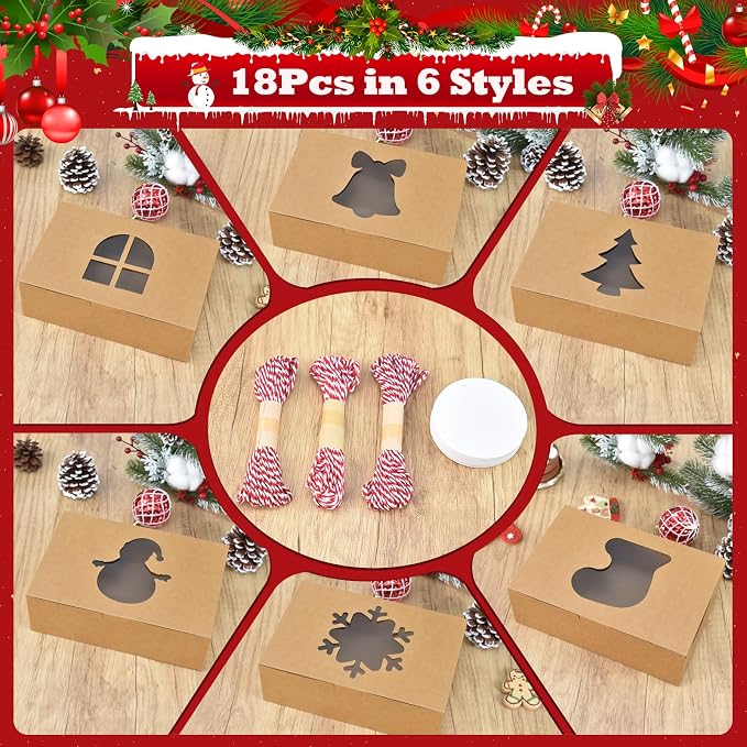 COTOPHER 18Pcs Christmas Cookie Boxes with Window, 9x6x3 inch Brown Bakery Boxes for Gift Giving, Kraft Treat Boxes Dessert Boxes for Cakes Donuts Chocolate Strawberries Pastries Muffins