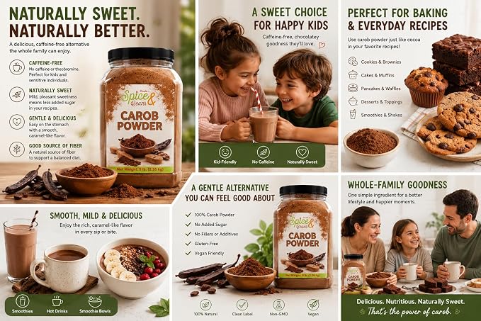 Carob Powder 5 lb | Naturally Sweet Cocoa Alternative | Baking, Smoothies, Drinks, Desserts & Chocolate Substitute Recipes | Bulk Resealable Container | Dasher's Spice & Beans