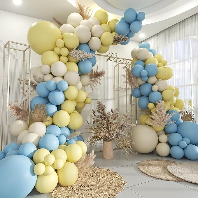 Pastel Yellow Blue White Balloon Garland Arch Kit, 160Pcs Latex Balloons Different Size 18 12 10 5 inch for Birthday Bridal Baby Shower Gender Reveal Wedding Retirement Party Decorations