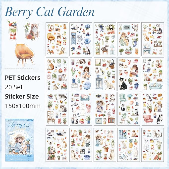 Cat Series Sticker Scrapbooking Supplies for Junk Journal, 20 Sheets PET Stickers